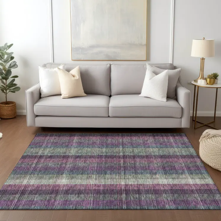10' X 14' Plum Eggplant And Gray Plaid Washable Indoor Outdoor Area Rug