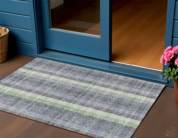 3' X 5' Pewter Gray And Mint Green Plaid Washable Indoor Outdoor Area Rug