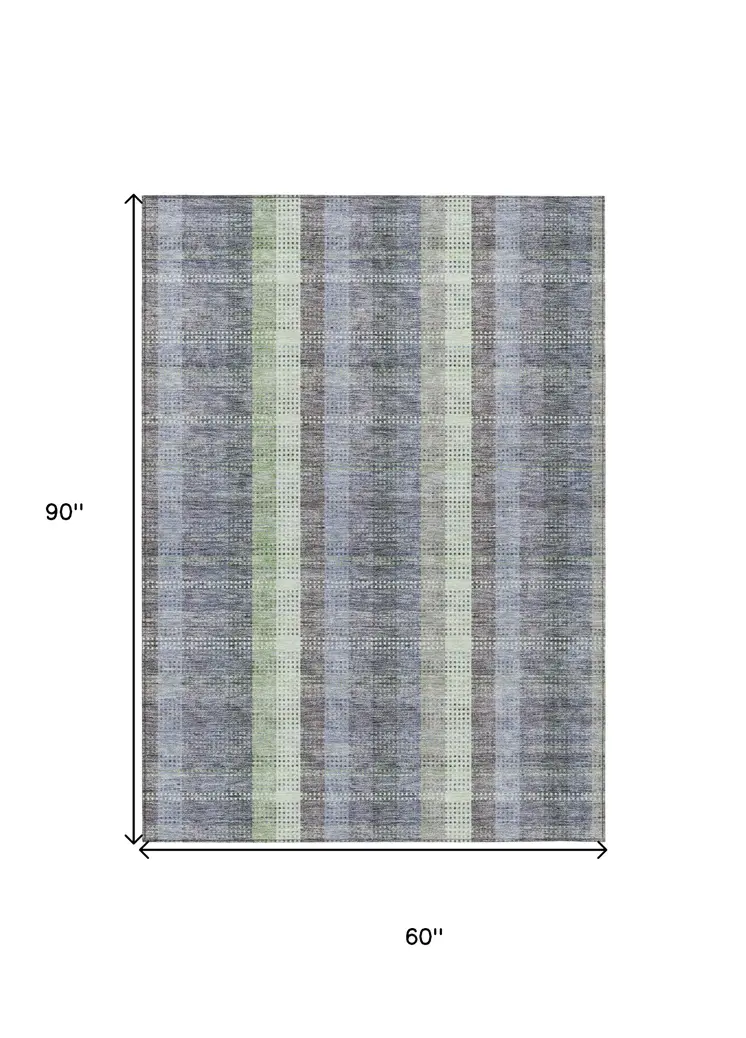 5' X 8' Pewter Gray And Mint Green Plaid Washable Indoor Outdoor Area Rug