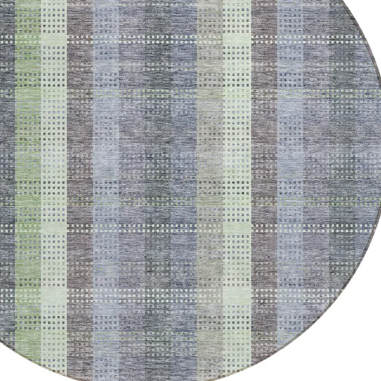 8' Pewter Gray And Mint Green Round Plaid Washable Indoor Outdoor Area Rug