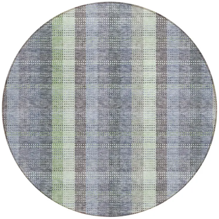 8' Pewter Gray And Mint Green Round Plaid Washable Indoor Outdoor Area Rug