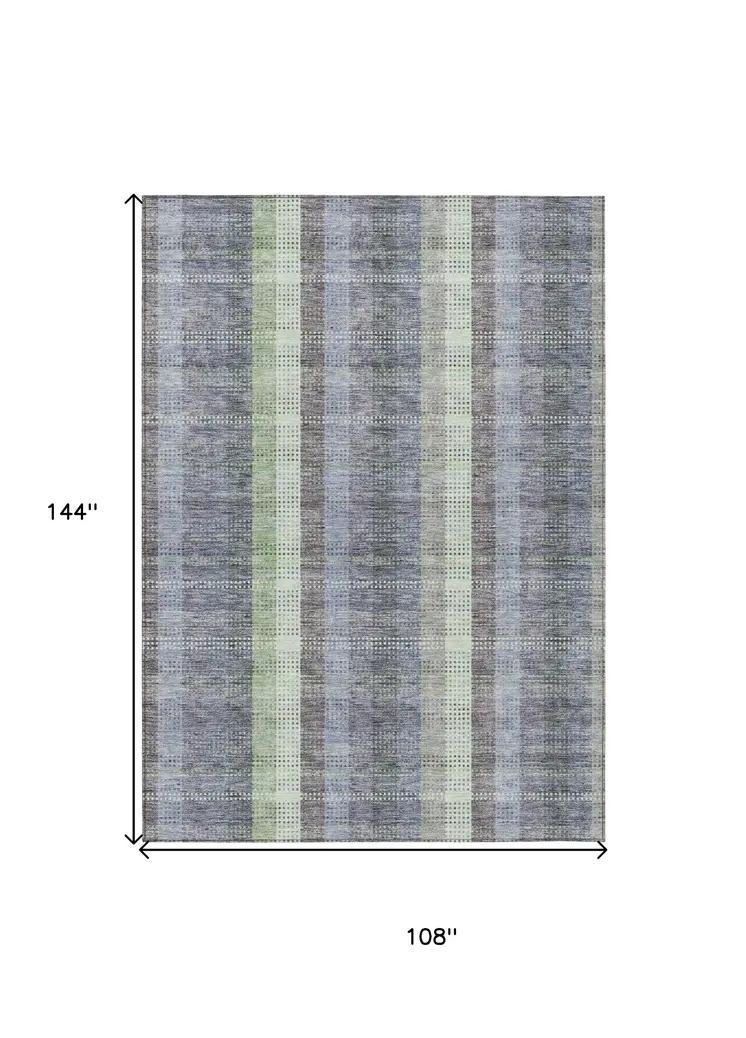 9' X 12' Pewter Gray And Mint Green Plaid Washable Indoor Outdoor Area Rug