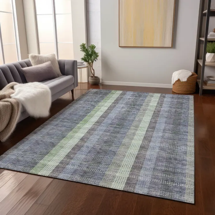 9' X 12' Pewter Gray And Mint Green Plaid Washable Indoor Outdoor Area Rug