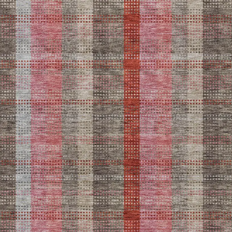 5' X 8' Red Pink And Pewter Plaid Washable Indoor Outdoor Area Rug