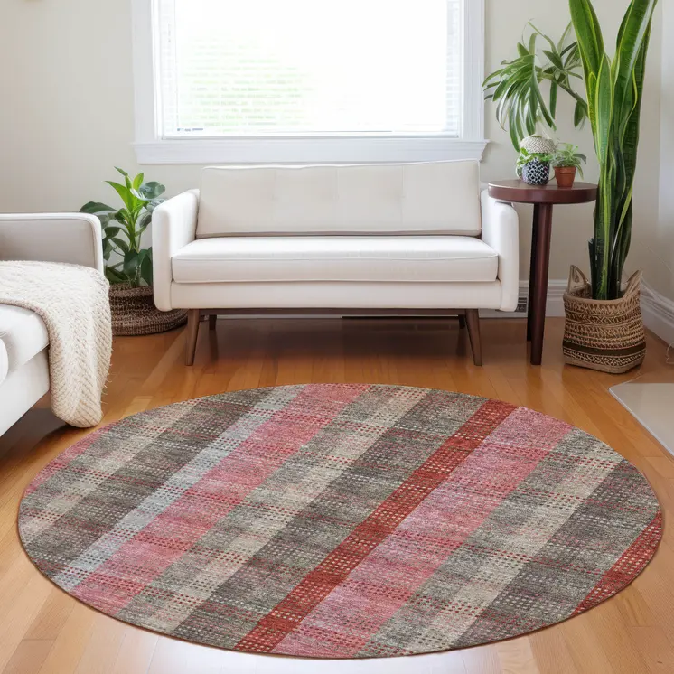 8' Red Pink And Pewter Round Plaid Washable Indoor Outdoor Area Rug