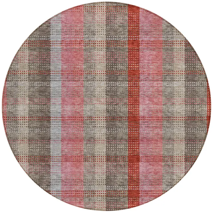 8' Red Pink And Pewter Round Plaid Washable Indoor Outdoor Area Rug