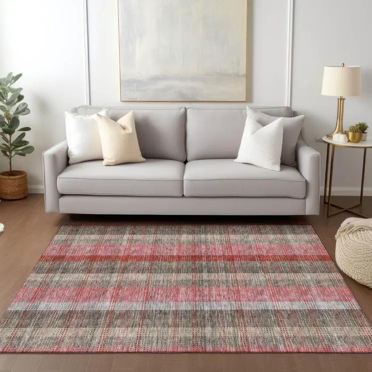 9' X 12' Red Pink And Pewter Plaid Washable Indoor Outdoor Area Rug