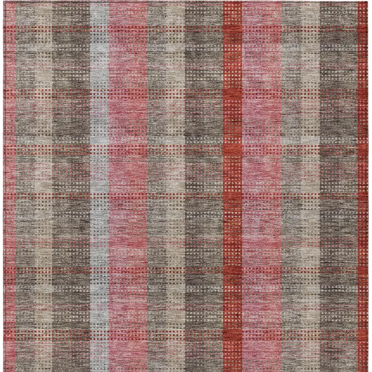10' X 14' Red Pink And Pewter Plaid Washable Indoor Outdoor Area Rug