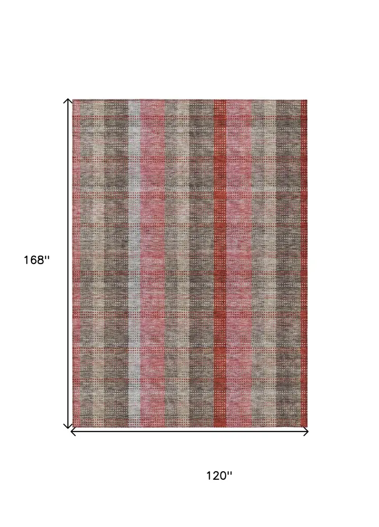 10' X 14' Red Pink And Pewter Plaid Washable Indoor Outdoor Area Rug