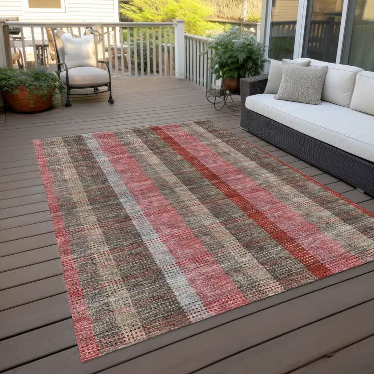 10' X 14' Red Pink And Pewter Plaid Washable Indoor Outdoor Area Rug