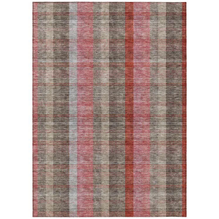 10' X 14' Red Pink And Pewter Plaid Washable Indoor Outdoor Area Rug