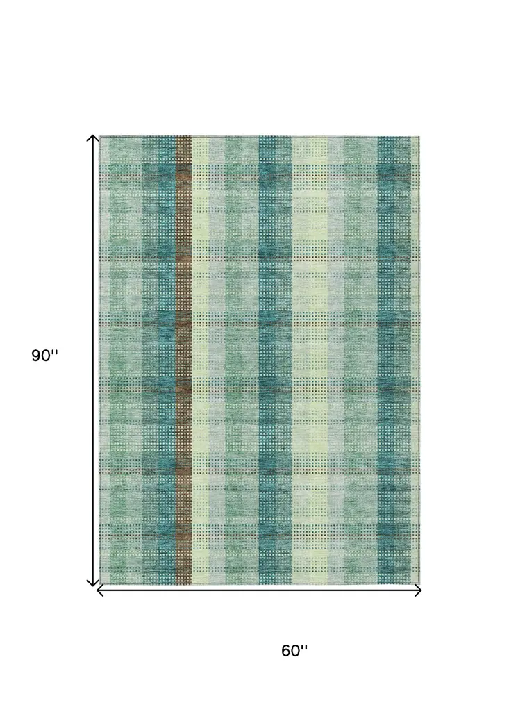 5' X 8' Sage Mint Green And Teal Blue Plaid Washable Indoor Outdoor Area Rug