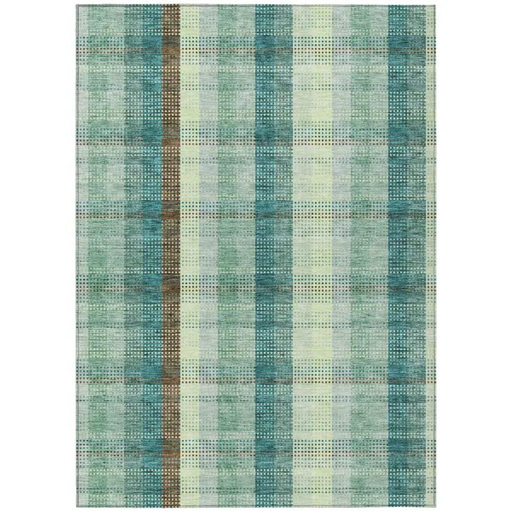 5' X 8' Sage Mint Green And Teal Blue Plaid Washable Indoor Outdoor Area Rug