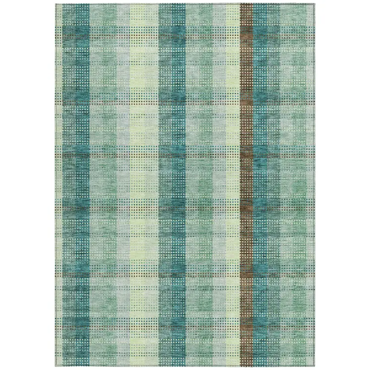 5' X 8' Sage Mint Green And Teal Blue Plaid Washable Indoor Outdoor Area Rug