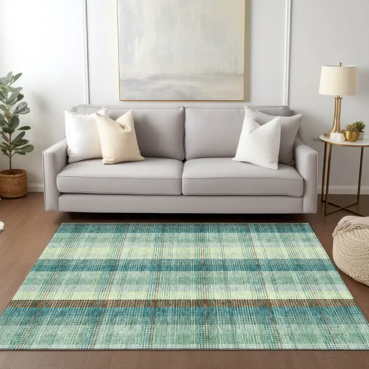 5' X 8' Sage Mint Green And Teal Blue Plaid Washable Indoor Outdoor Area Rug