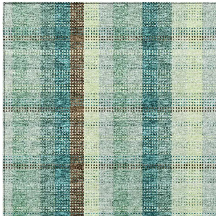 10' X 14' Sage Mint Green And Teal Blue Plaid Washable Indoor Outdoor Area Rug