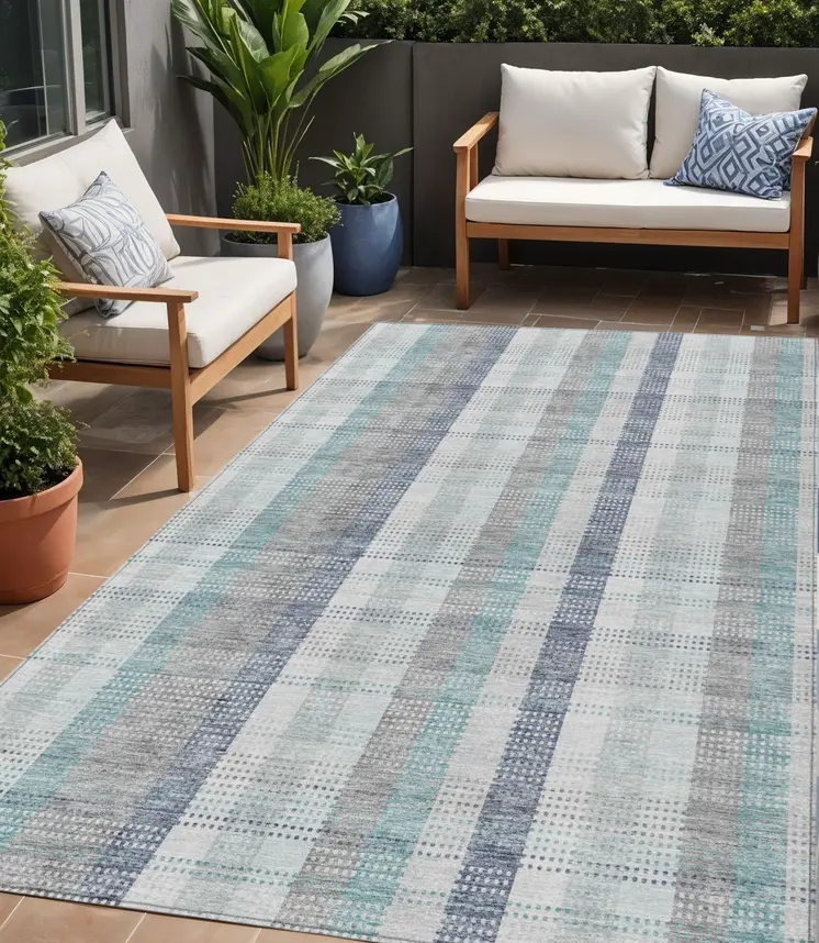 5' X 8' Silver Denim Blue And Teal Blue Plaid Washable Indoor Outdoor Area Rug