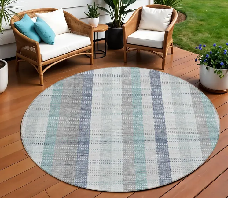 8' Silver Denim Blue And Teal Blue Round Plaid Washable Indoor Outdoor Area Rug