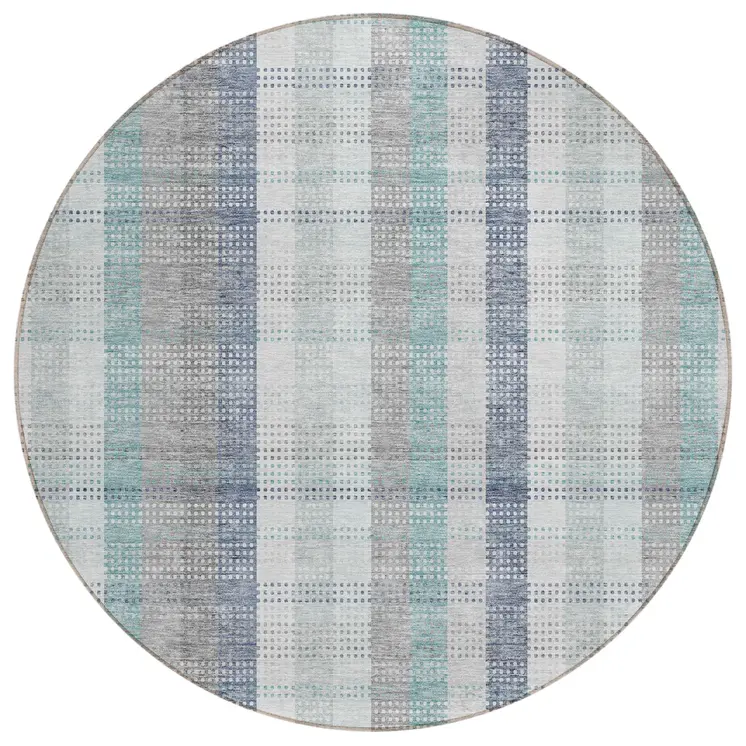 8' Silver Denim Blue And Teal Blue Round Plaid Washable Indoor Outdoor Area Rug