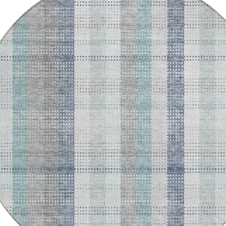 8' Silver Denim Blue And Teal Blue Round Plaid Washable Indoor Outdoor Area Rug