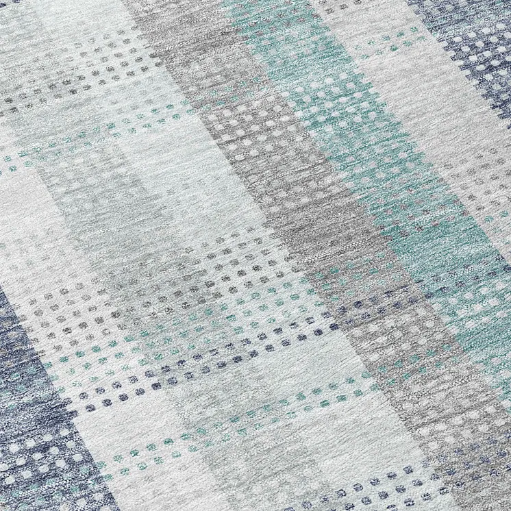 8' Silver Denim Blue And Teal Blue Round Plaid Washable Indoor Outdoor Area Rug