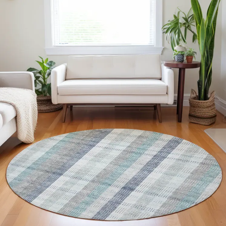 8' Silver Denim Blue And Teal Blue Round Plaid Washable Indoor Outdoor Area Rug