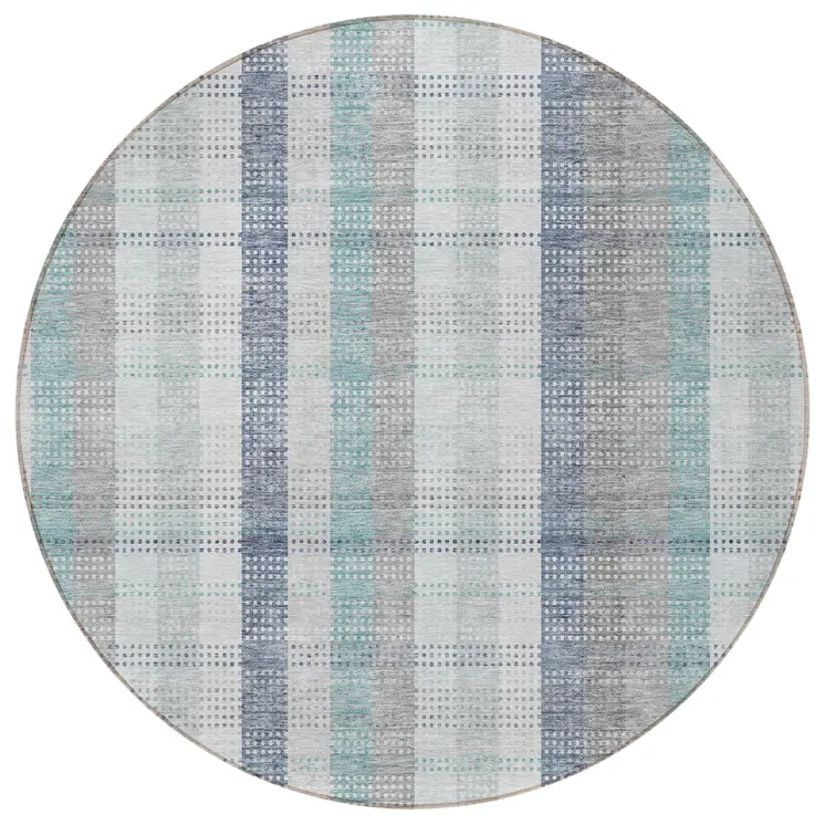 8' Silver Denim Blue And Teal Blue Round Plaid Washable Indoor Outdoor Area Rug