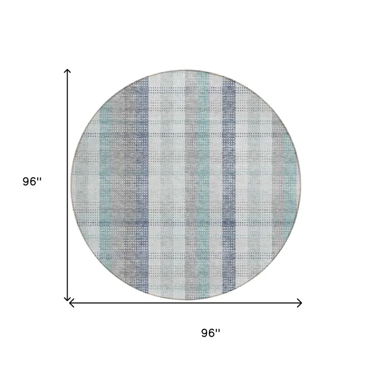 8' Silver Denim Blue And Teal Blue Round Plaid Washable Indoor Outdoor Area Rug