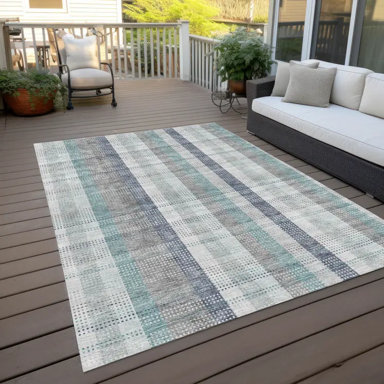 8' X 10' Silver Denim Blue And Teal Blue Plaid Washable Indoor Outdoor Area Rug