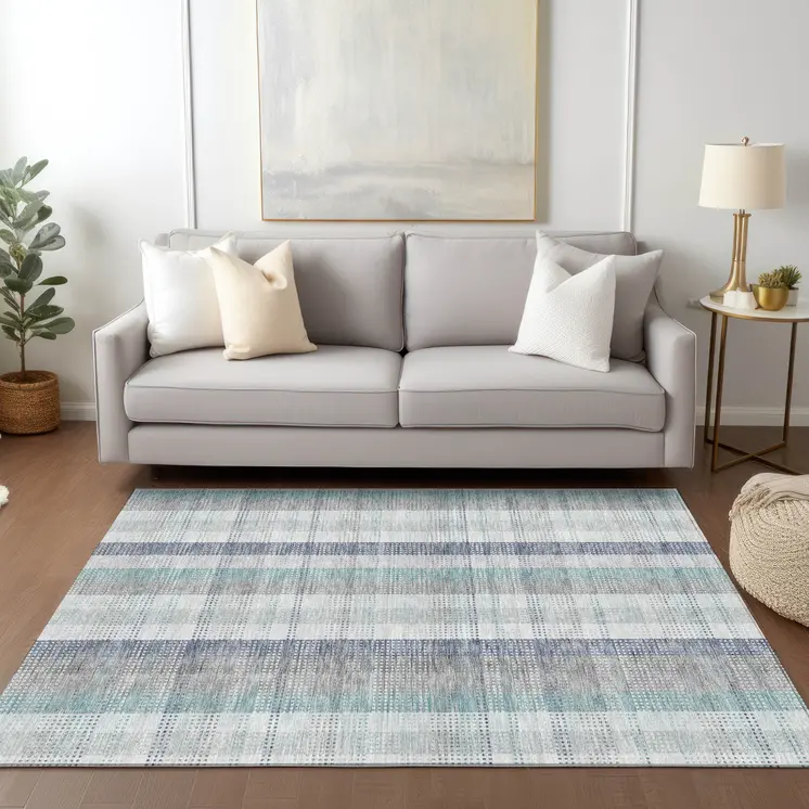8' X 10' Silver Denim Blue And Teal Blue Plaid Washable Indoor Outdoor Area Rug
