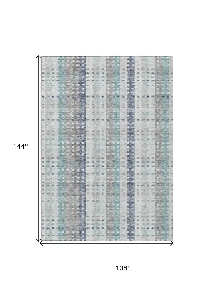 9' X 12' Silver Denim Blue And Teal Blue Plaid Washable Indoor Outdoor Area Rug