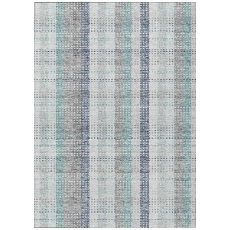 9' X 12' Silver Denim Blue And Teal Blue Plaid Washable Indoor Outdoor Area Rug