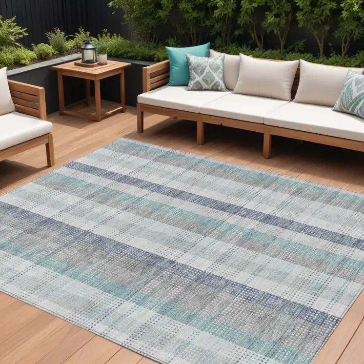 10' X 14' Silver Denim Blue And Teal Blue Plaid Washable Indoor Outdoor Area Rug