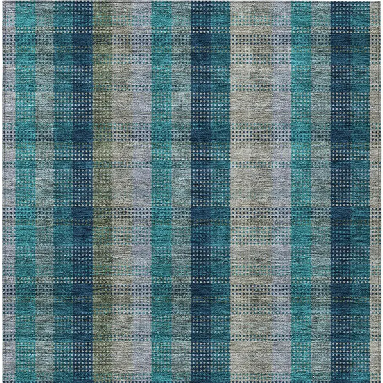 3' X 5' Teal Blue Navy Blue And Olive Green Plaid Washable Indoor Outdoor Area Rug