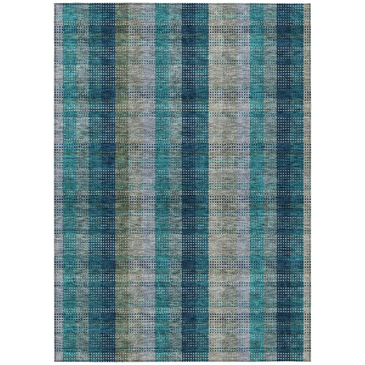 5' X 8' Teal Blue Navy Blue And Olive Green Plaid Washable Indoor Outdoor Area Rug