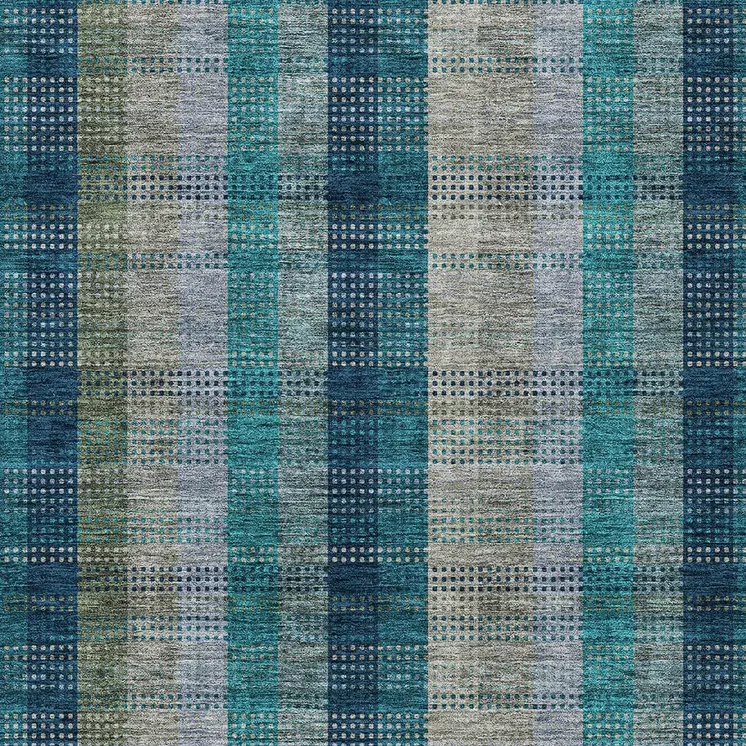 5' X 8' Teal Blue Navy Blue And Olive Green Plaid Washable Indoor Outdoor Area Rug