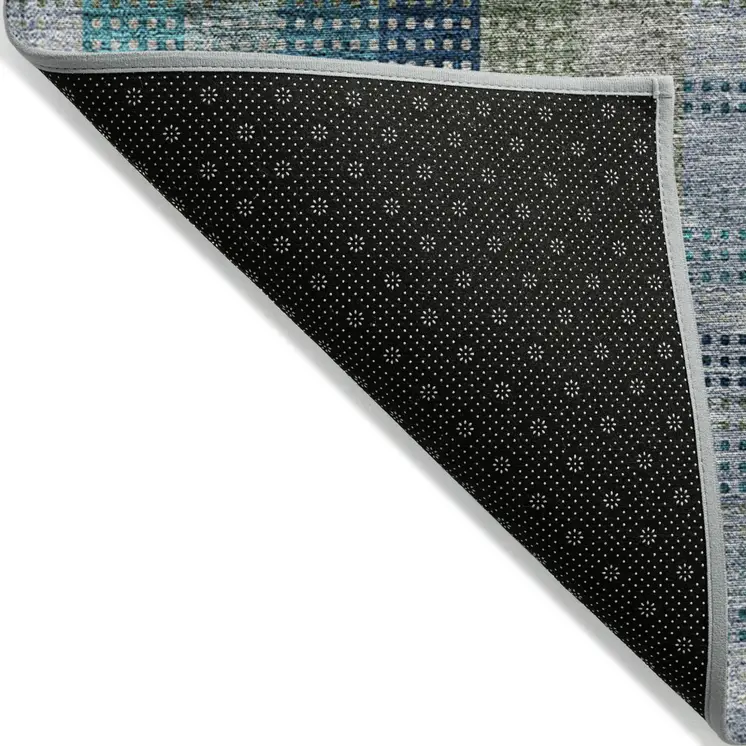 8' Teal Blue Navy Blue And Olive Green Round Plaid Washable Indoor Outdoor Area Rug