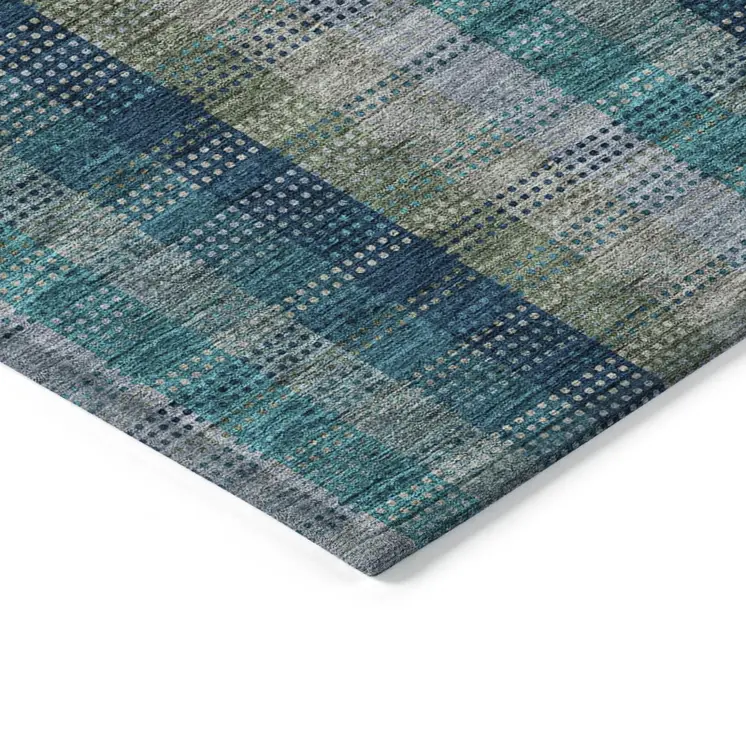8' Teal Blue Navy Blue And Olive Green Round Plaid Washable Indoor Outdoor Area Rug