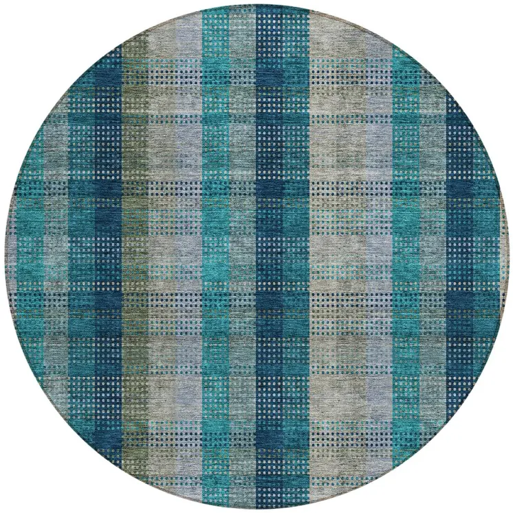 8' Teal Blue Navy Blue And Olive Green Round Plaid Washable Indoor Outdoor Area Rug