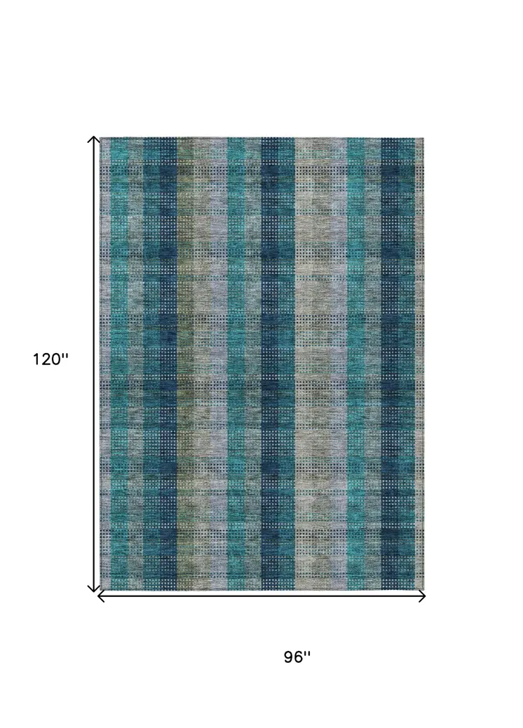 8' X 10' Teal Blue Navy Blue And Olive Green Plaid Washable Indoor Outdoor Area Rug