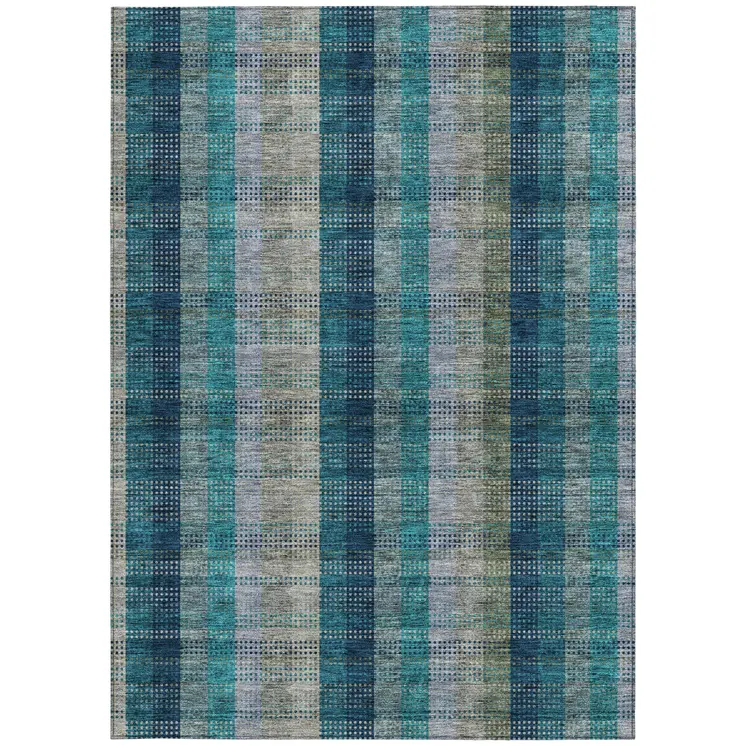 9' X 12' Teal Blue Navy Blue And Olive Green Plaid Washable Indoor Outdoor Area Rug