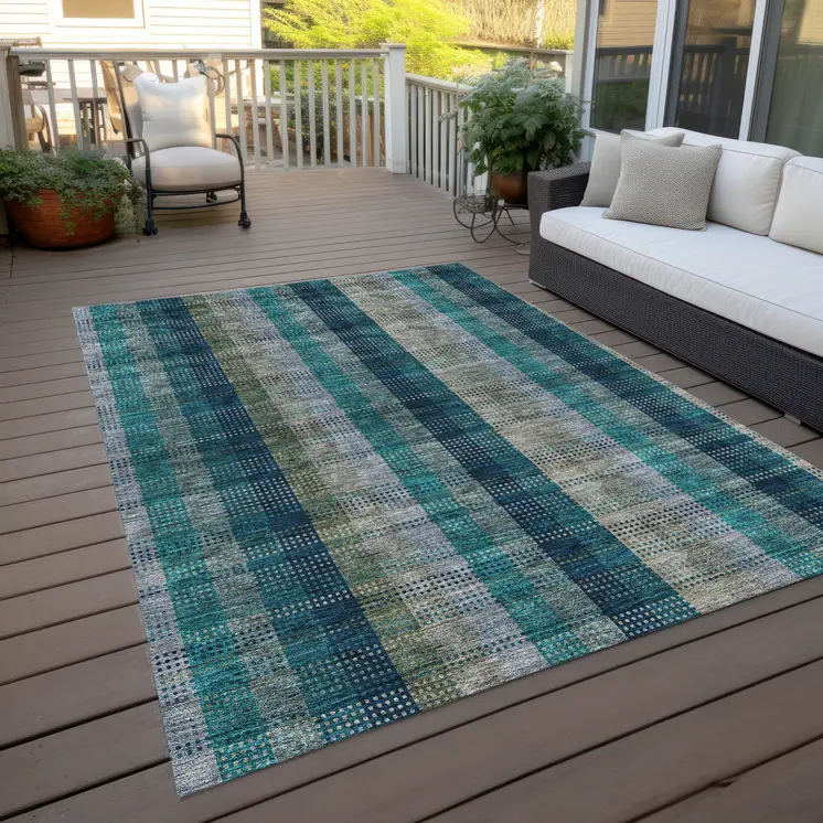 10' X 14' Teal Blue Navy Blue And Olive Green Plaid Washable Indoor Outdoor Area Rug