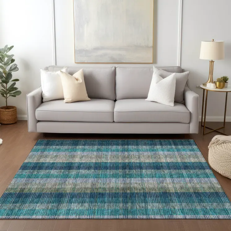 10' X 14' Teal Blue Navy Blue And Olive Green Plaid Washable Indoor Outdoor Area Rug