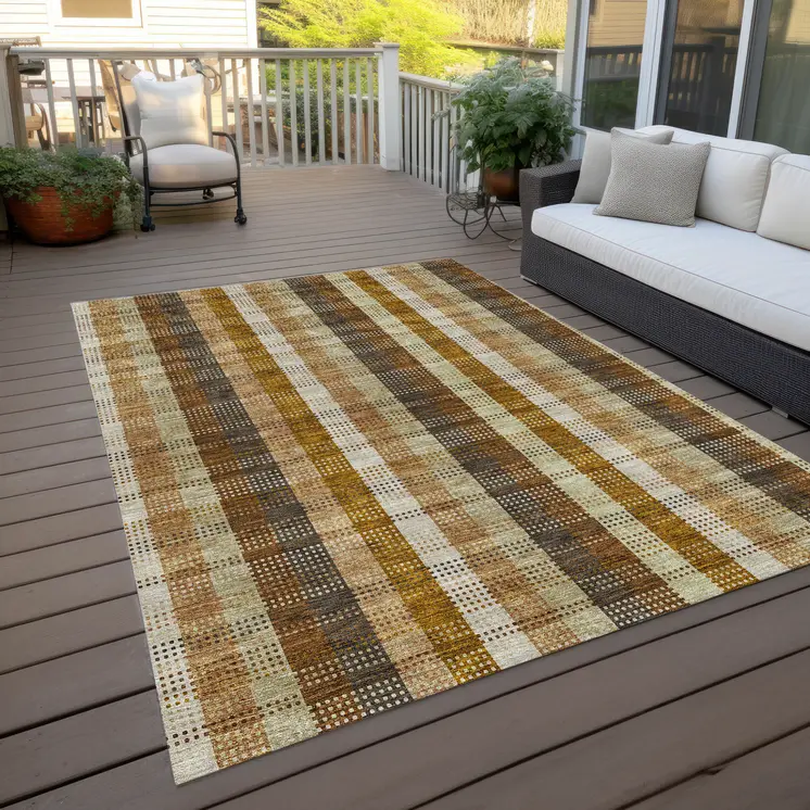 3' X 5' Wheat Ivory And Brown Plaid Washable Indoor Outdoor Area Rug