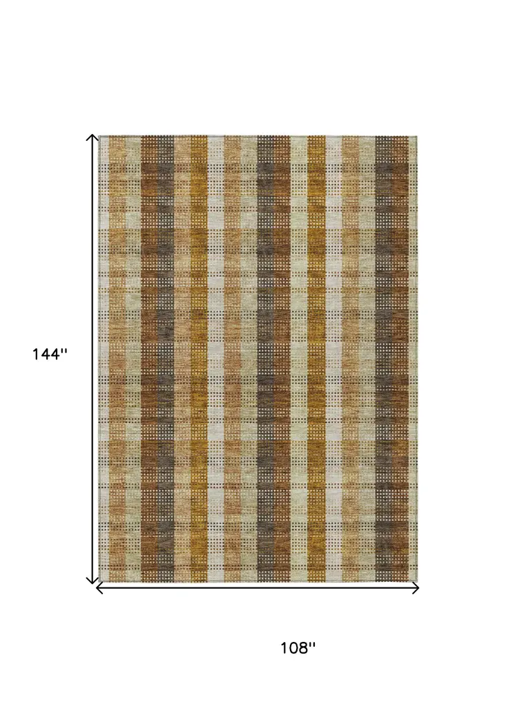 9' X 12' Wheat Ivory And Brown Plaid Washable Indoor Outdoor Area Rug