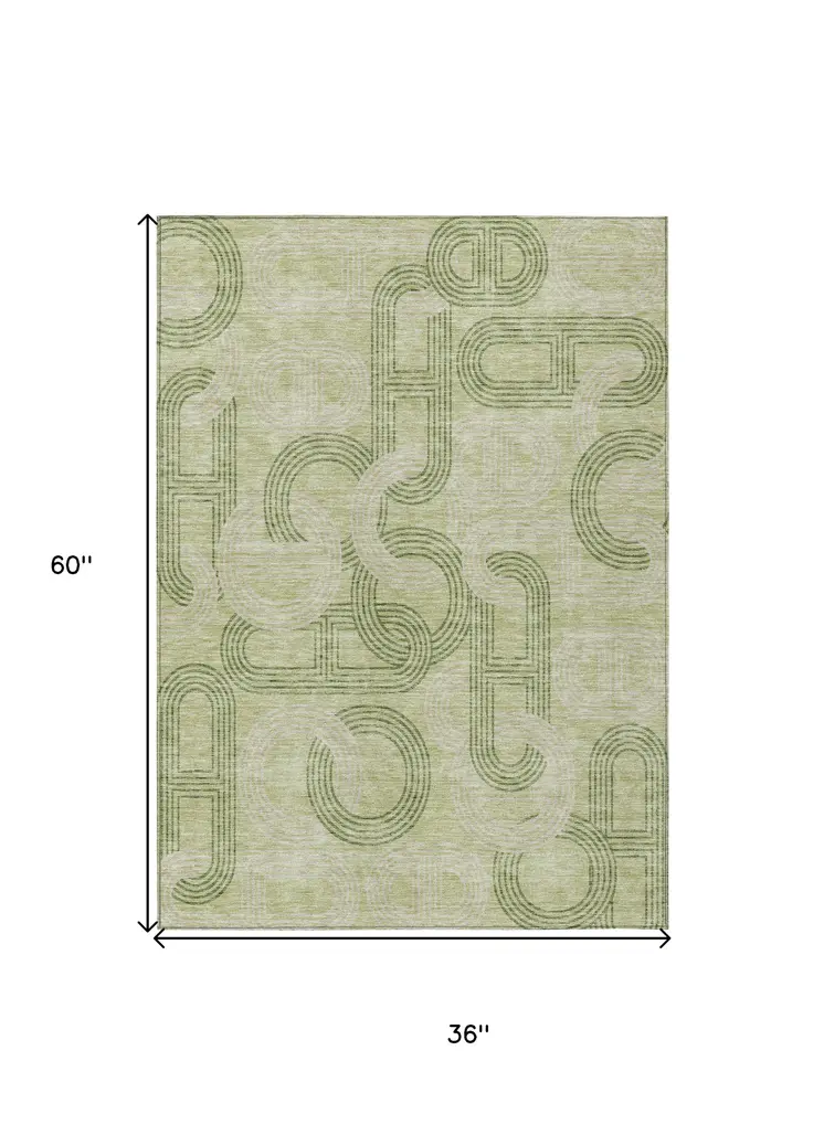 3' X 5' Sage And Ivory Geometric Washable Indoor Outdoor Area Rug