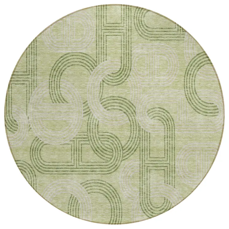 8' Sage And Ivory Round Geometric Washable Indoor Outdoor Area Rug
