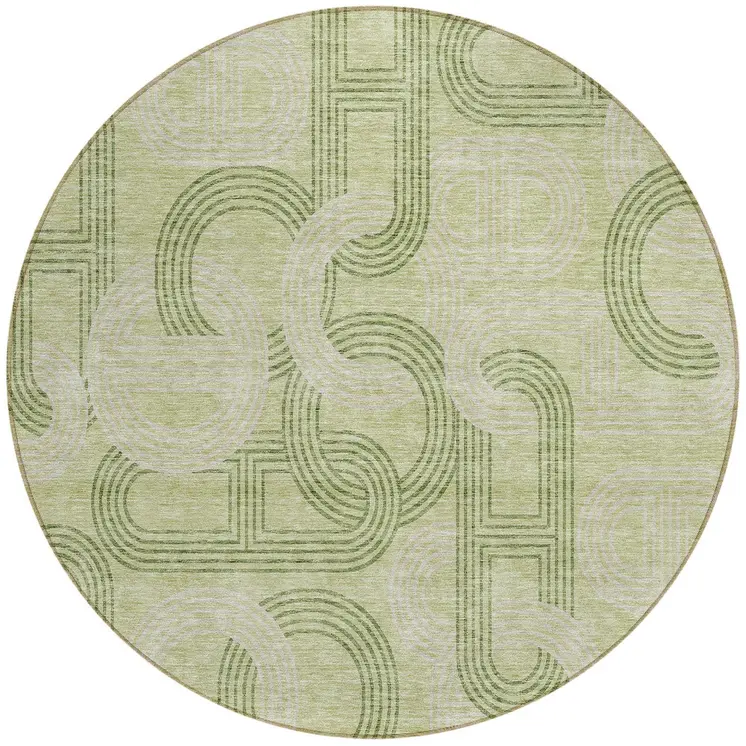 8' Sage And Ivory Round Geometric Washable Indoor Outdoor Area Rug