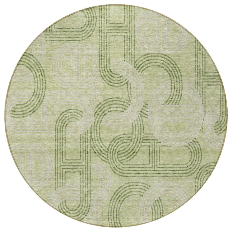 8' Sage And Ivory Round Geometric Washable Indoor Outdoor Area Rug