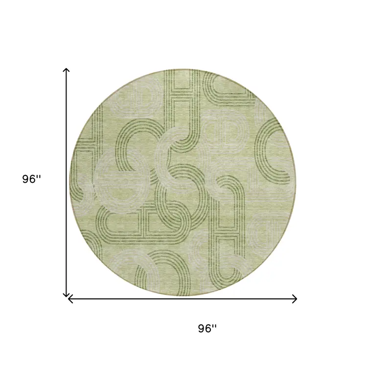 8' Sage And Ivory Round Geometric Washable Indoor Outdoor Area Rug